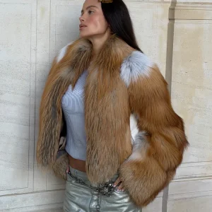 Women Luxury Two-tone Faux Fur Short Coat Fashion Full Sleeve Loose Warm Cropped Jackets Lady Highstreet Winter Daily Outerwears
