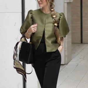 Spring Summer New Women's Fashion Casual Shirt Satin Bubble Sleeves Round Neck Loose Short Top Female Elegant Solid Blouses
