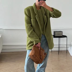 Women Green Woolen Coat Casual Solid Lapel Collar Long Sleeve Single Button Short Jacket 2025 Autumn Daily Highstreet Outerwears